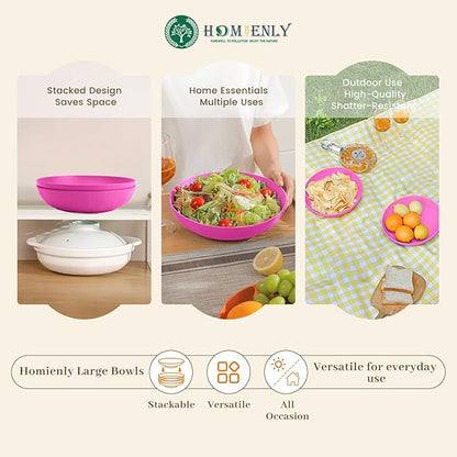 Homienly Wheat Straw Large Salad Bowls, 60 OZ Large Serving Bowls for Kitchen, Camping, Party, Microwave and Dishwasher Safe, Unbreakable Lightweight Big Bowls for Fruit, Salad (Pink)