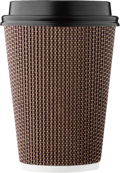 [100 SET]Harvest Pack 12 oz Disposable Coffee Cups, Insulated Ripple Double-Walled Paper Cups with Lids, Brown Geometric, Leak-Proof Drinking Cups for Tea Hot Chocolate Drinks To go coffee cups