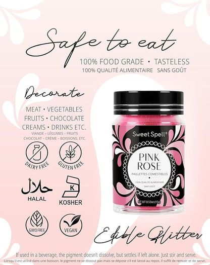 Sweet Spell Pink Edible Glitter (15g) - Shimmer Sparkles for Drinks, Cakes, Cocktails - 100% Edible & Food Grade Glitter, Vegan, Gluten-Free (Pink)