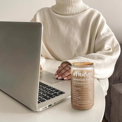 SANDJEST Nurse Glass Can, Nutrition Facts Cup with Lid & Straw, Iced Coffee Aesthetic Cups, Idea Gift for Christmas Birthday Nurse Week, Gifts for Women, 16oz
