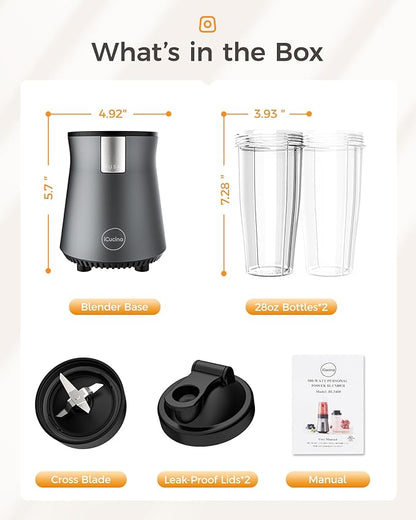 iCucina Smoothie Blender, Personal Blender for Shakes and Smoothies, 500W Pulse Technology Single Serve Blenders with 2 x 28oz Protable Cups for Ice Crush, Frozen Fruit Drinks
