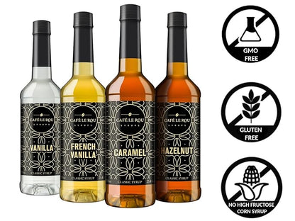 NEW Café Le Rou Variety 25.4oz Vanilla, French Vanilla, Caramel, Hazelnut (Variety, 4-pack) *Includes 4 Coffee Syrup Dispensers for Coffee, Tea and Espresso