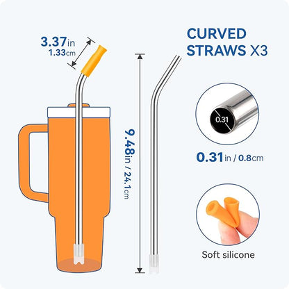 Reusable Stainless Steel Straws with Silicone Tip for Stanley 30oz, Metal Drinking Straws for 30oz Tumbler,3 Bent Tubes & 6 Tips& 1 Cleanr Brush (Goldenrod)