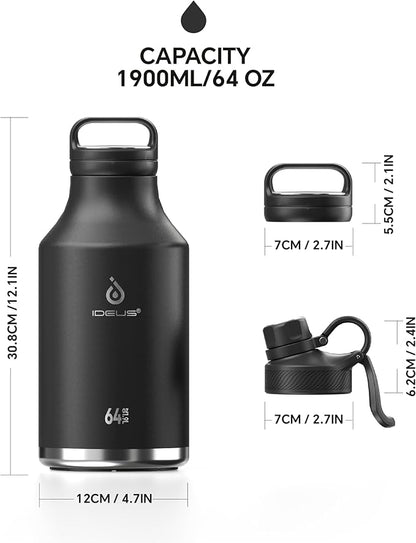 IDEUS Insulated Stainless Steel Water Bottle with 2 Leak-Proof Lids, Thermal Water Flask for Hiking Biking, 64oz, Black