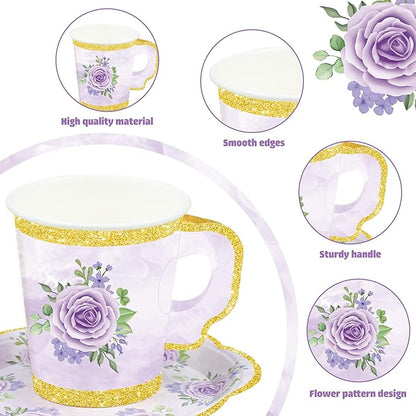 48 Sets Floral Paper Tea Cups and Saucers Disposable Tea Party Supplies Colorful Flower Teacups with Handle and Plates for Hot Cold Drink Wedding Birthday Party Baby Shower