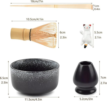 Matcha Tea Set, Matcha Accessories, Matcha Whisk Set Included Matcha Bowl, Bamboo Matcha Whisk, Scoop, Matcha Whisk Holder, Spoon Stand, Japanese Matcha Set for Beginners, Black
