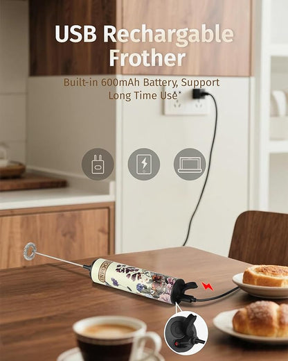 Milk Frother Rechargeable with Cover - Coffee Frother Wand, Drink Mixer Handheld with 2 Detachable Stainless Whisks 2 Speed Adjustable for Latte, Cappuccino, Hot Chocolate, Egg, Vintage Floral