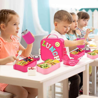 Bento Lunch Box Set for Kids with 10oz Thermo Food Jar, Leak-Proof Lunch Containers with 6 Compartment, Nylon Preppy Lunch Bag with Adjustable Strap for Girls School Travel Picnic