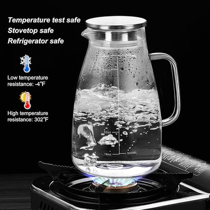 Joeyan 2 Liter 68oz Glass Pitcher with Lid, Large Heat Resistant Glass Water Carafe with Handle and Scale Line for Hot/Cold Drinks- Water, Cold Brew, Iced Tea & Juice, Including Long-Handled Brush