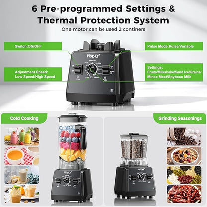 Blenders for Kitchen, Smoothie Blender, 2400W PRASKY Countertop Blender with 101oz Juice & Grinder Jar, BPA-Free, 25000 RPM Blender for Smoothies, Ice, Frozen Fruit (Gray, 3L)