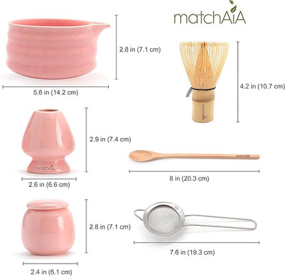 6 Pcs Matcha Set - Ceramic Bowl with Spout, Matcha Whisk with Holder, Tea Powder Canister, Sifter and Spoon, Complete Kit for Traditional Matcha, Modern Lattes, and Tea Ceremonies (Pink)