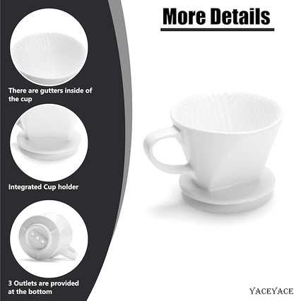 Pour Over Coffee Maker, Single White Ceramic Pour Over with 3 Holes, Medium Coffee Dripper for Shop, Home, Office and Bar