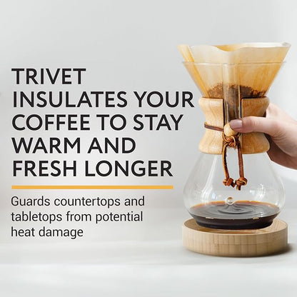 IMPRESA Coffee Pot Cover & Wooden Trivet Set - Chemex Compatible 6-Cup, 8-Cup Pour Over Carafe - Glass Maker Stand & Chemex Style Lid for Pour Over Coffee Systems