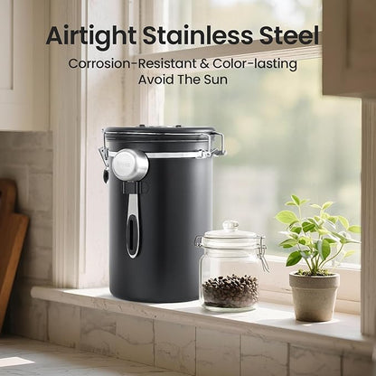 Veken Coffee Canister, 39OZ Large, Airtight Stainless Steel Food Storage Container for 2.2lbs Coffee Beans, Ground, Sugar, Tea, Flour, Rice, Cereal, Cookies Jars, Bar Accessories & Gifts, Black