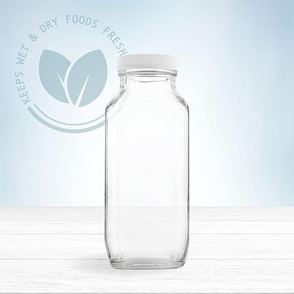 kitchentoolz 16oz Square Glass Milk Bottles with Airtight Plastic Lids – Pack of 4 | Reusable Milk Containers for Fridge & Lunchbox Storage – Ideal for Dairy, Smoothies, Juice, Water & More
