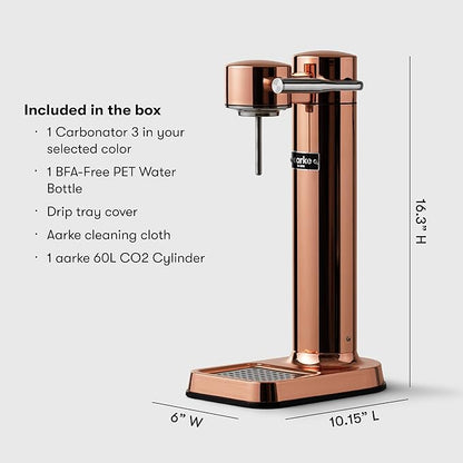 Aarke Carbonator lll with CO2 Cylinder, Sparkling & Carbonation Water Machine, Stainless Steel with PET BPA-Free Reusable Bottle Volume 1L/34 fl oz (Copper)
