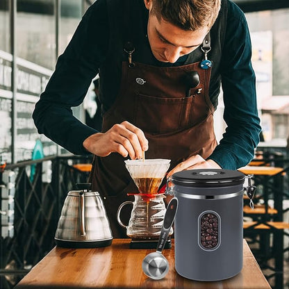 ROCKY&CHAO 2800ML Coffee Canister with Date Tracker&Transparent Window, 35OZ Coffee Container with 30ML Measure Spoon&4 co2 Valve, Coffee Bean Storage Container for Grounds Coffee, Beans, Tea(Gray)