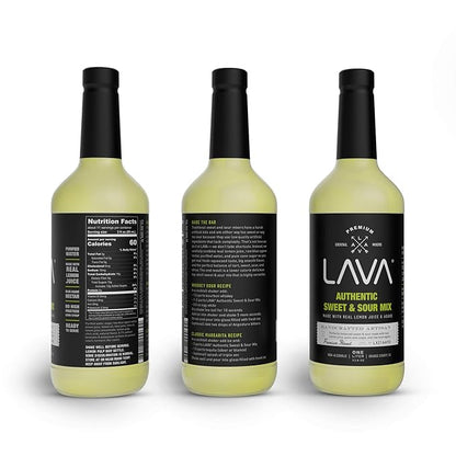 LAVA Premium Authentic Sweet & Sour Mix, Made with Real Lemon Juice, Lime Juice, Raw Blue Agave, No Artificial Sweeteners. Whiskey Sour, Long Island Iced Tea, Lemon Drop. 33.8oz Glass Bottle