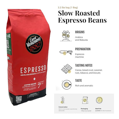 Caffe Vergnano 1882 Espresso Whole Bean Arabica Roast Coffee, 2.2 lb bag - Italian Medium Roast Coffee Beans with notes of Chocolate, Nuts & Caramel, Intensity 7/10-1000g Bag
