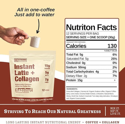STRONG COFFEE COMPANY Instant Hazelnut Latte - 15g Protein, Instant Protein Coffee with Collagen, Adaptogens & Nootropics, No Crash, No Jitters, 12 Servings Bag