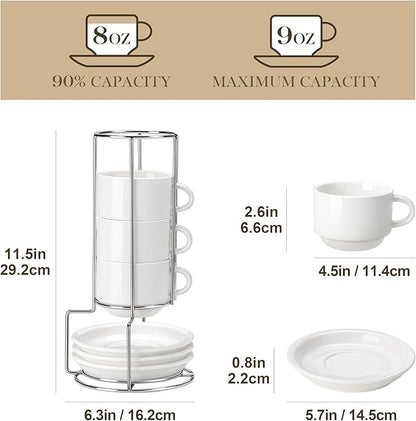 MALACASA 8 OZ Porcelain Espresso Cups with Saucers and Metal Stand Set of 4, Stackable Cappuccino Cups, White Expresso Shots Cup Set for Coffee Drinks, Latte, Tea