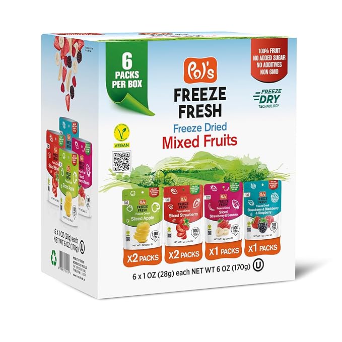 Pol’s Freeze Fresh - 6 Pack Freeze-Dried Fruit Mix – 2x Strawberry, 2x Apple, 1x Strawberry-Banana, 1x Berry Mix (1 Oz Each), No Sugar, Non-GMO, Kosher, Vegan, Gluten-Free