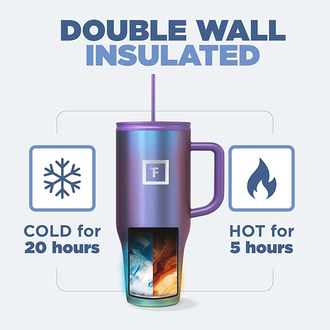 IRON °FLASK Co-Pilot Insulated Mug w/Straw & Flip Cap Lids - Cup Holder Bottle for Hot, Cold Drink - Leak-Proof - Water, Coffee Portable Travel Mug - Dark Rainbow, 32 Oz