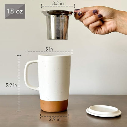 Mora Ceramics Large Tea Mug with Loose Leaf Infuser and Ceramic Lid, 18 oz, Portable, Microwave and Dishwasher Safe, Tall Coffee Cup - Rustic Matte Ceramic Glaze, Modern Herbal Tea Strainer, Cotton