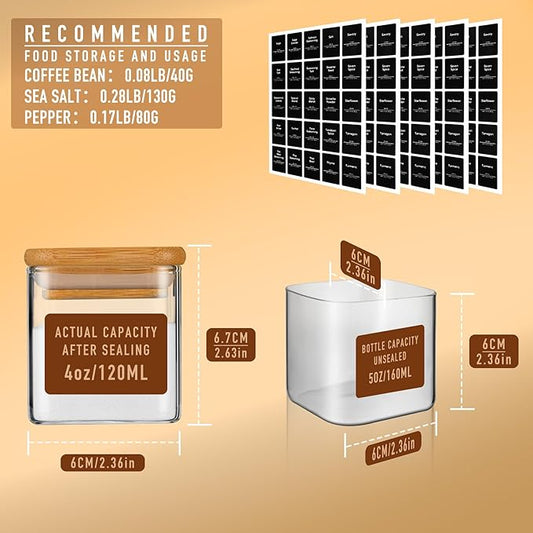 5oz Airtight Square Spice Containers with Bamboo Lid Set of 12 with Black Lables Storage Stackable Spice Jar, Kitchen Canister for Sugar, Tea, Flour, Salt and Seasonings (‎Clear Glass)