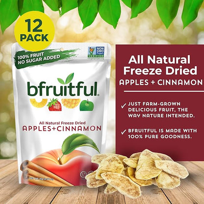 bfruitful Freeze-Dried Apple + Cinnamon, Freeze Dried Fresh Fruit Bites, Gluten Free, Vegan, Dairy Free, Kosher, No Sugar Added, Non GMO, Healthy Snacks, 0.56 oz Single-Serve Snack Packets, 12 Pack