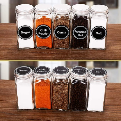 SWOMMOLY 25 Glass Spice Jars with 703 Spice Labels, Chalk Marker and Funnel Complete Set. 25 Square Glass Jars 4OZ, Airtight Cap, Pour/sift Shaker Lid