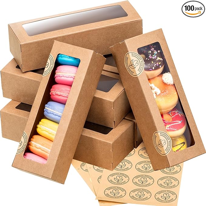 Sherr 100 Pcs Brown Macaron Boxes with Window, Cookies Boxes with 200 Pcs Stickers Long Bakery & Dessert Gifts Containers for Donuts, Pastry, Chocolate Covered Strawberry