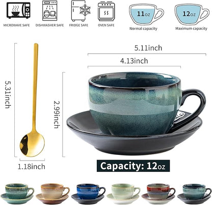 Porcelain Coffee Cup with Saucer Spoon Set, Vintage Design Ceramic Latte Art Cappuccino Barista Espresso Tea Cup with Saucer (11.6 oz, 350ml, Ink red)
