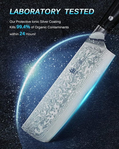 KYOKU Gin Series Nakiri Knife, 7" Vegetable Knife, Japanese VG10 Damascus Stainless Steel Kitchen Knife with Silver Ion Blade G10 Handle & Mosaic Pin, Professional Chef Knife for Veg Fruit Meat