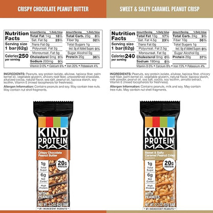 KIND Protein MAX Variety Pack, High Protein Bars, Keto Snacks, 1g Sugar, 20g Protein, (6) Crispy Chocolate Peanut Butter (6) Sweet & Salty Caramel Crisp, 12 Count Pack