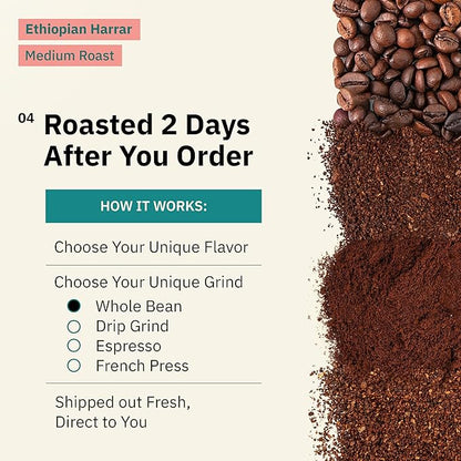 Kochere Ethiopian Harrar Whole Bean Coffee – 5 lb Bag – Organic, Single-Origin, Medium Roast – Artisanal Small-Batch Roasted for Specialty Cafés & Discerning Coffee Lovers