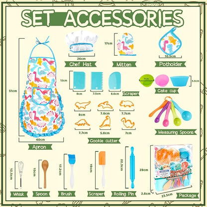 KAEGREEL Kids Baking Chef Set, 26Pcs with Dinosaur Apron & Hat Role Play Cooking Chef Cooking Dress Up Toys, Pretend Play Kitchen Toys Gifts for Boys Girls Aged 3-8
