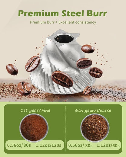 Manual Coffee Grinder with Stainless Steel Burr - 1.12oz Capacity Handheld Mill for Espresso, Drip, Cold Brew with 6 Adjustable Settings & Quiet -Extra Fine Grinding (Stainless Steel Burr)