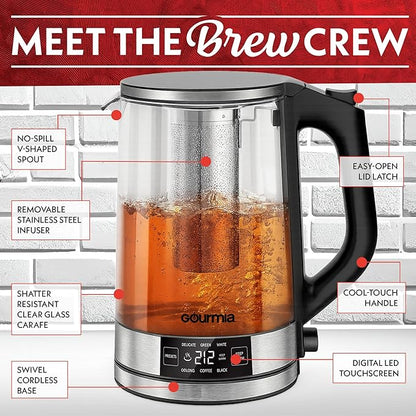 Gourmia Programmable Digital Glass Kettle – 1.7L Adjustable Temperature Electric Kettle with 6 Presets, Keep Warm, Stainless Steel Tea Infuser, 360° Swivel Base - Black