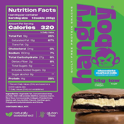 Hangryboy Protein Cookie Sandwich – 14g High Protein, Gluten‑Free, GMO‑Free Cookies - Perfect on The Go Protein Snack, Chocolate Malted Milk, 12‑Count Box