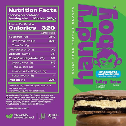 Hangryboy Protein Cookie Sandwich – 14g High Protein, Gluten‑Free, GMO‑Free Cookies - Perfect on The Go Protein Snack, Chocolate Malted Milk, 12‑Count Box