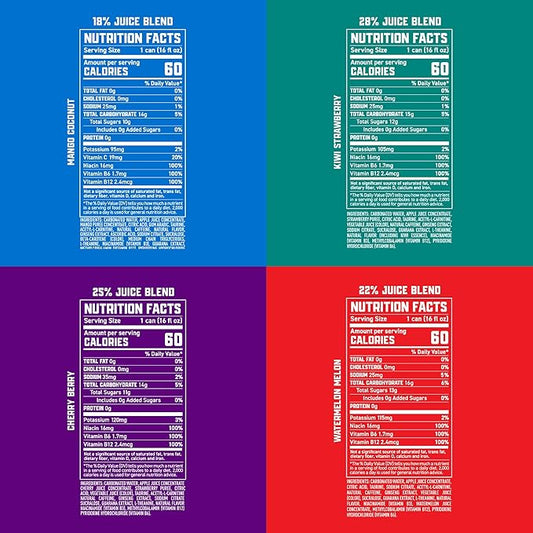 Gorilla Energy Drink, Variety Pack, 200mg Natural Caffeine, Real Fruit Juice Squeezed & Concentrated, L-Theanine, Taurine, Ginseng, Acetyl L-Carnitine, No Added Sugar and No Artificial Colors, 12 Pack