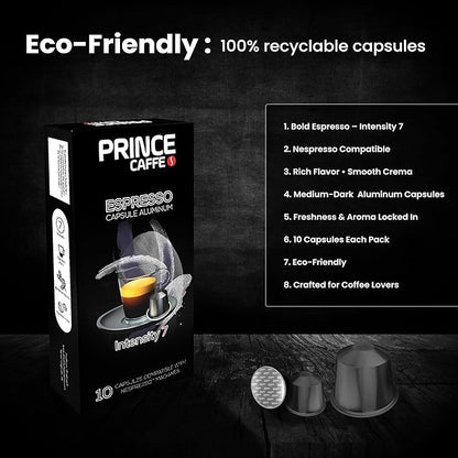 Prince Caffe Espresso Pods – Intensity 7, Medium-Dark Roast, The Espresso Coffee Pods Are Compatible with Nespresso Original Line Machines, 30 Count (3 x 10 Capsules) Premium Quality Coffee Capsules.