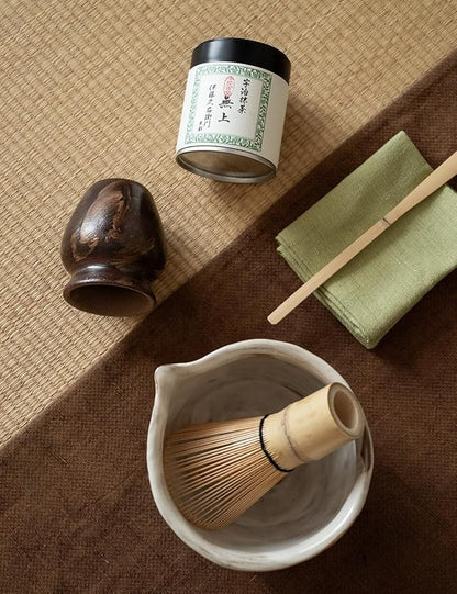 6-pcs Japanese Matcha Whisk Set with Handmade Wabi-Sabi Ceramic Bowl(Chawan),Bamboo Chasen, Whisk Holder, Scoop, Sifter & Tea Towel,Matcha Ceremony Kit,(Silent taupe)