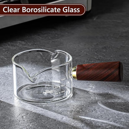 Espresso Shot Glasses with Wood Handle - 120ml Glass Coffee Bean Dosing Cup with Dual Spout,Clear Espresso Measuring Cup Glass for Barista Coffee Measure