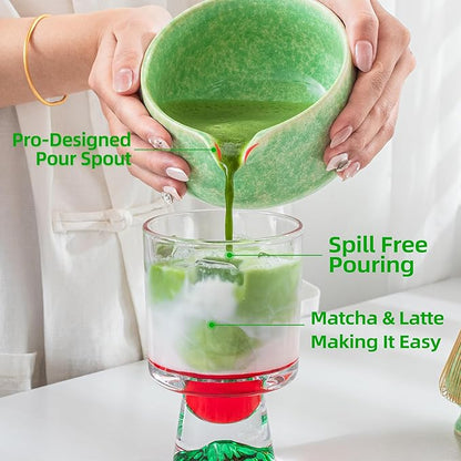 TEANAGOO Matcha Whisk Set,7 Pcs Matcha Set Green,Ceremony Matcha Kit,Matcha Tea Set for Making Latte,Ceramic Bowl(chawan) whith Spout and Whisk,Gift for Matcha Lovers