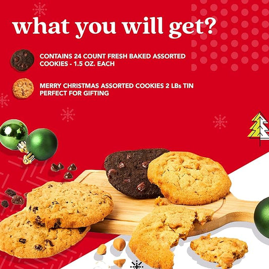 David's Cookies Gourmet and Freshly Baked Merry Christmas Assorted Cookies in a Lovely Tin Gift Box For Your Love Ones, Deliciously Handmade Soft Variety of Cookies - 2 Lbs