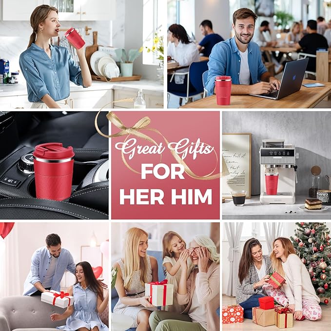 Volhoply 13 oz Stainless Steel Insulated Travel Coffee Mug with Fip Lid,Reusable Double Wall Vacuum Metal Coffee Cup,Portable to Go Leak Proof Cafe Thermal Tumbler for Hot & Cold Drinks(Red,1)