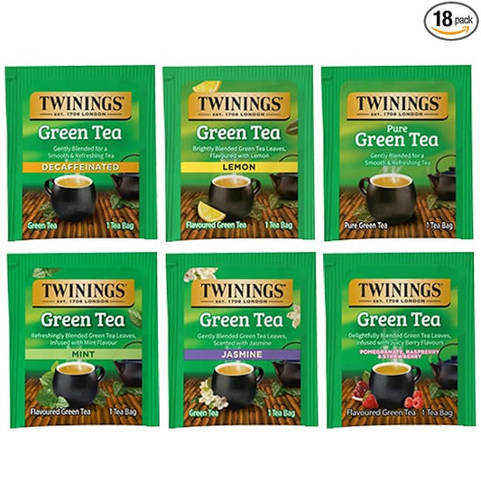 Twinings Green Tea Bags Sampler Assortment, Variety Pack (18 Count) 6 Different Flavors for Tea Lovers: Her, Him, Women, Men, Couples, Family, Friends, Coworkers