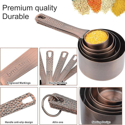 Copper Measuring Cups and Spoons Set, Stainless Steel Measuring Tools Set for Baking & Kitchen, Metric & US 4 Copper Plated MeasureCups and 5 Measure Spoons with Leveler for Wet & Dry